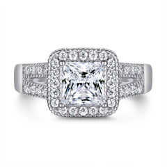 Princess Cut Zircon Soleste Halo with Modern Split Shank Silver Ring
