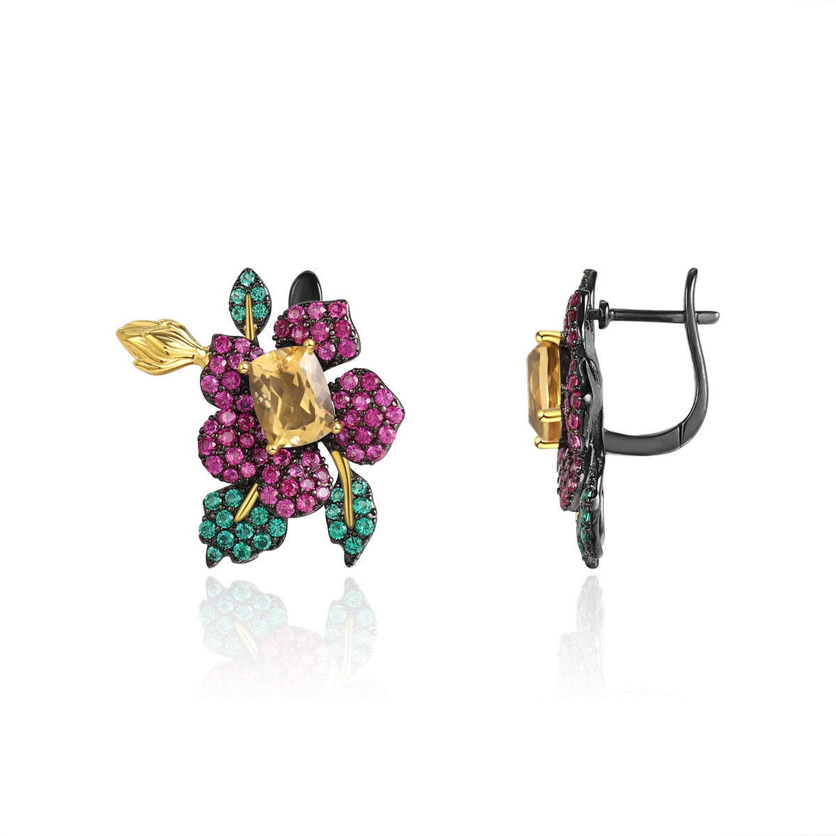 Natural Style Inlaid Colourful Gemstone Flower Silver Studs for Women