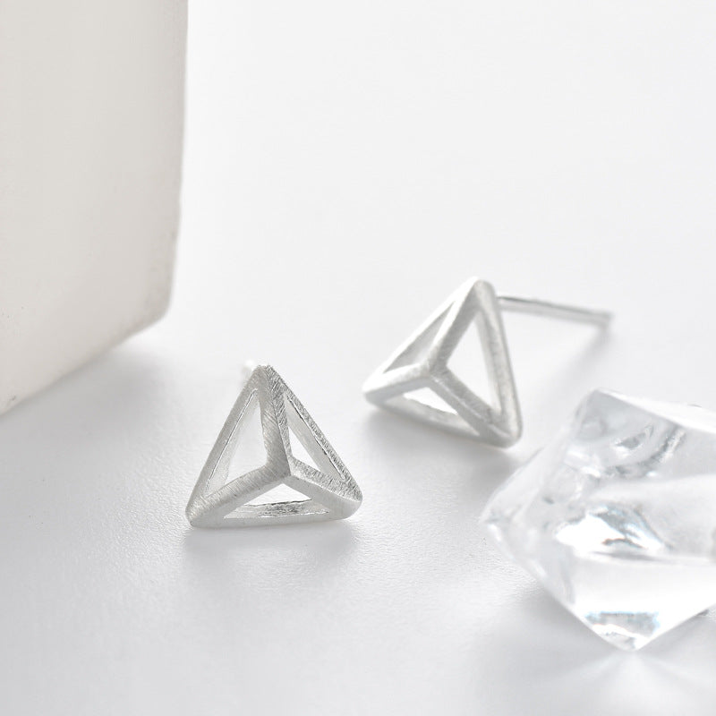 Brushed Hollow Solid Triangle Silver Stud Earrings for Women