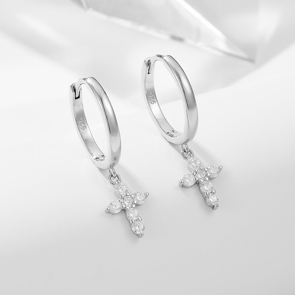 Zircon Cross Pendant Sterling Silver Hoop Earrings