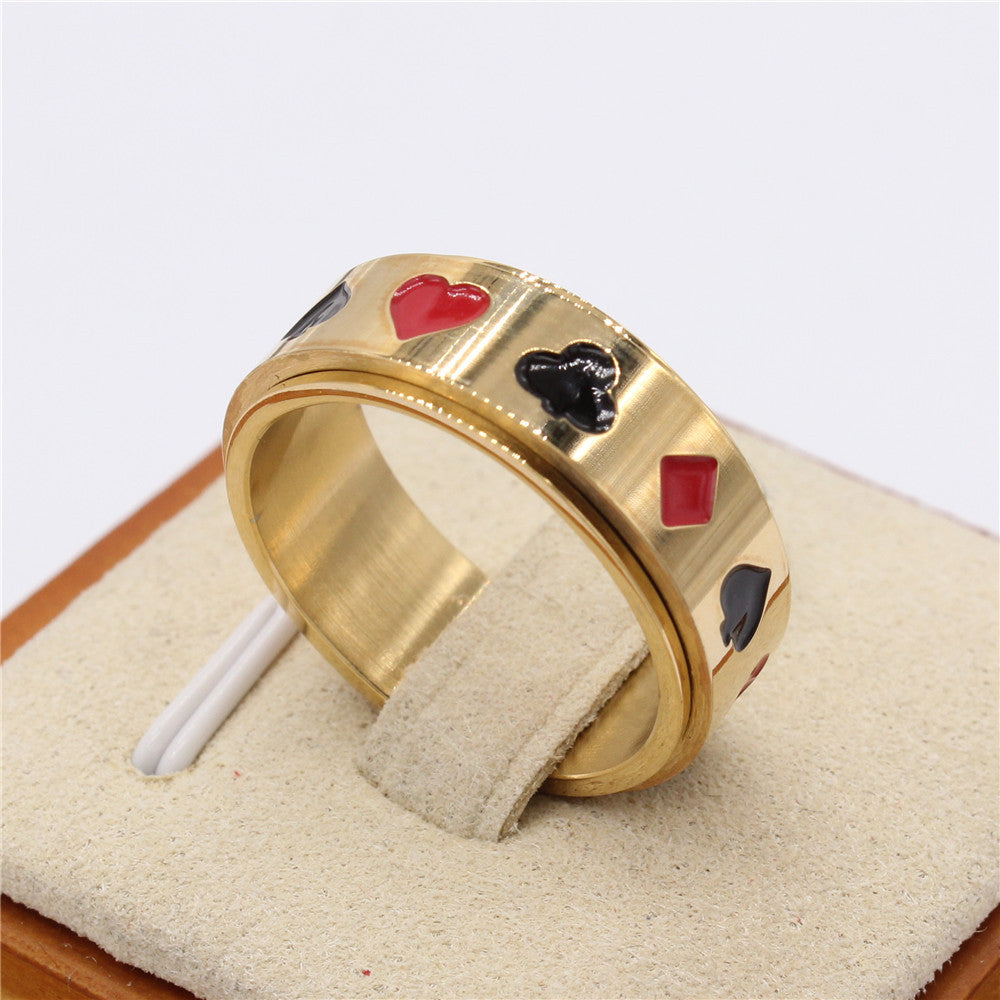 Spades, Hearts, Plum Blossoms Square Playing Card Pattern Titanium Steel Rotating Ring Cross border Jewelry