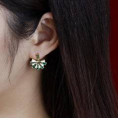 Green Zircon Fan Silver Studs Earrings for Women