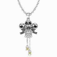 Halloween Three Sided Skull Head Tassel Zircon Silver Necklace