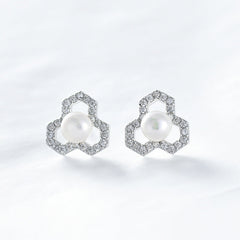 Zircon Hollow Geometric Shape with Freshwater Pearl Silver Stud Earrings for Women