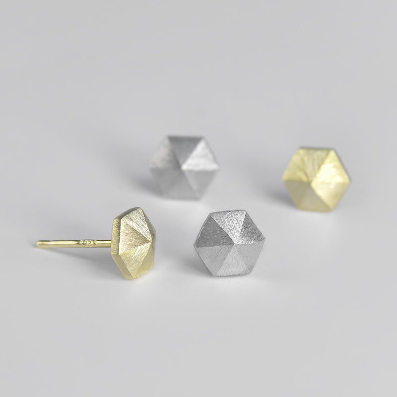 Brushed Stereoscopic Hexagon Silver Stud Earrings for Women