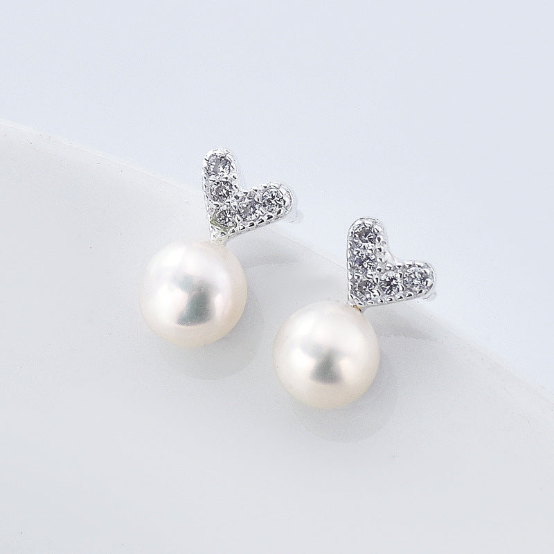 Zircon Heart with Freshwater Pearl Silver Stud Earrings for Women