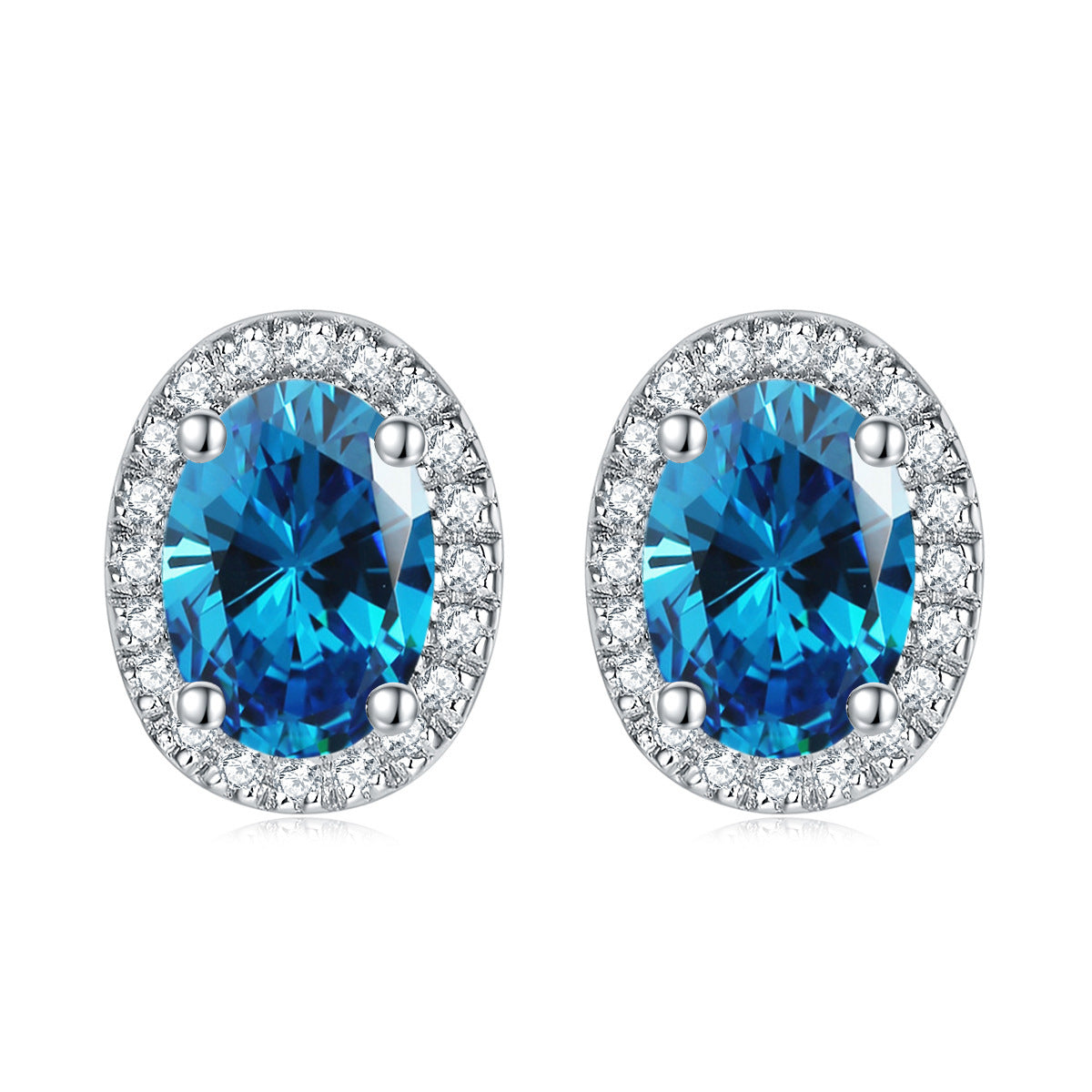 Oval Zircon Soleste Halo Silver Studs Earrings for Women