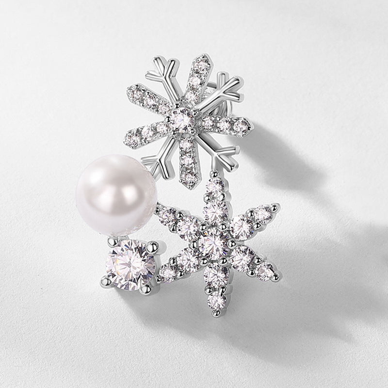 Zircon Pearl Snowflake Sterling Silver Stud Earrings