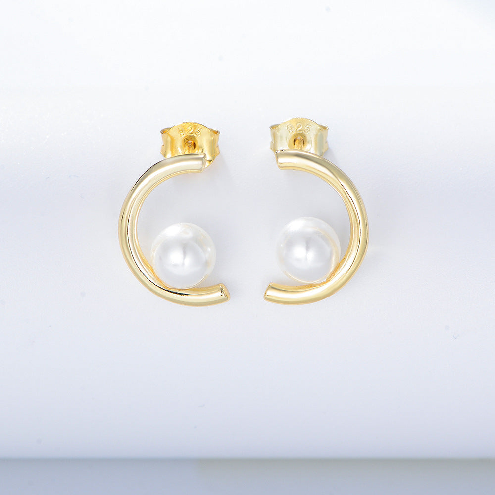 C-shaped with Pearl Silver Studs Earrings for Women