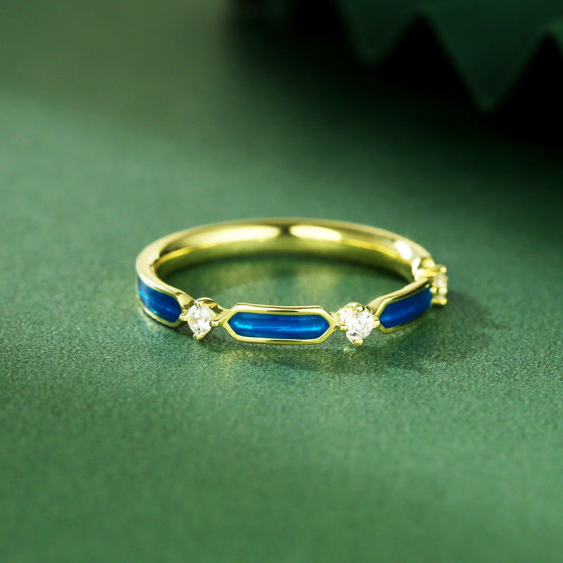 Blue Enamel with Zircon Silver Ring for Women