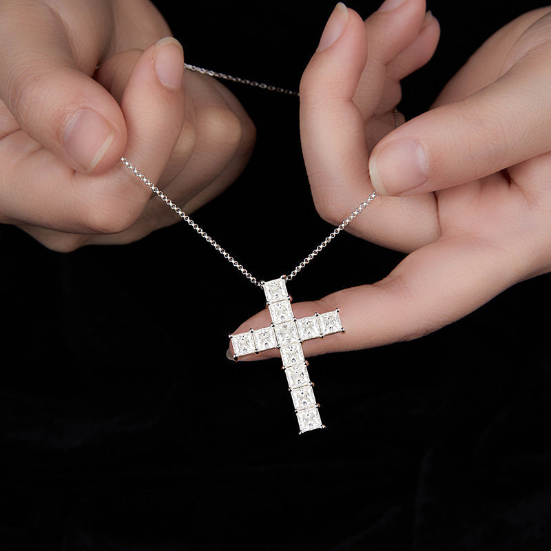 1.0 Carat Princess Cut Moissanite Cross Silver Necklace