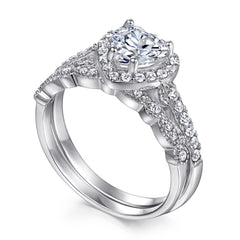 Heart-shaped Zircon Soleste Halo with Beading Silver Ring Set for Women