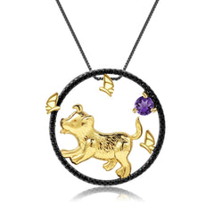 Chinese Style Element Design Zodiac Series Dog Natural Gemstone Pendant Silver Necklace for Women