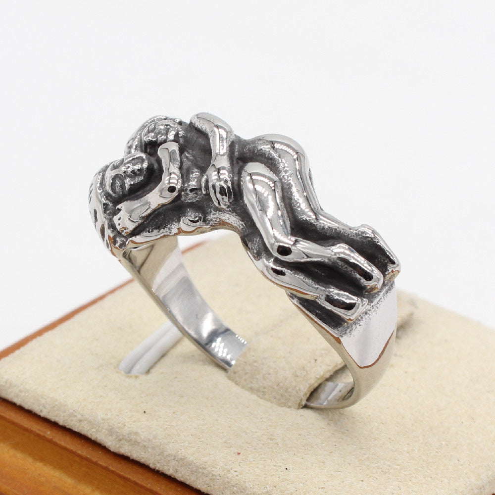 European and American Retro Couple Hugs Titanium Steel Ring - Wholesale Foreign Trade Jewelry