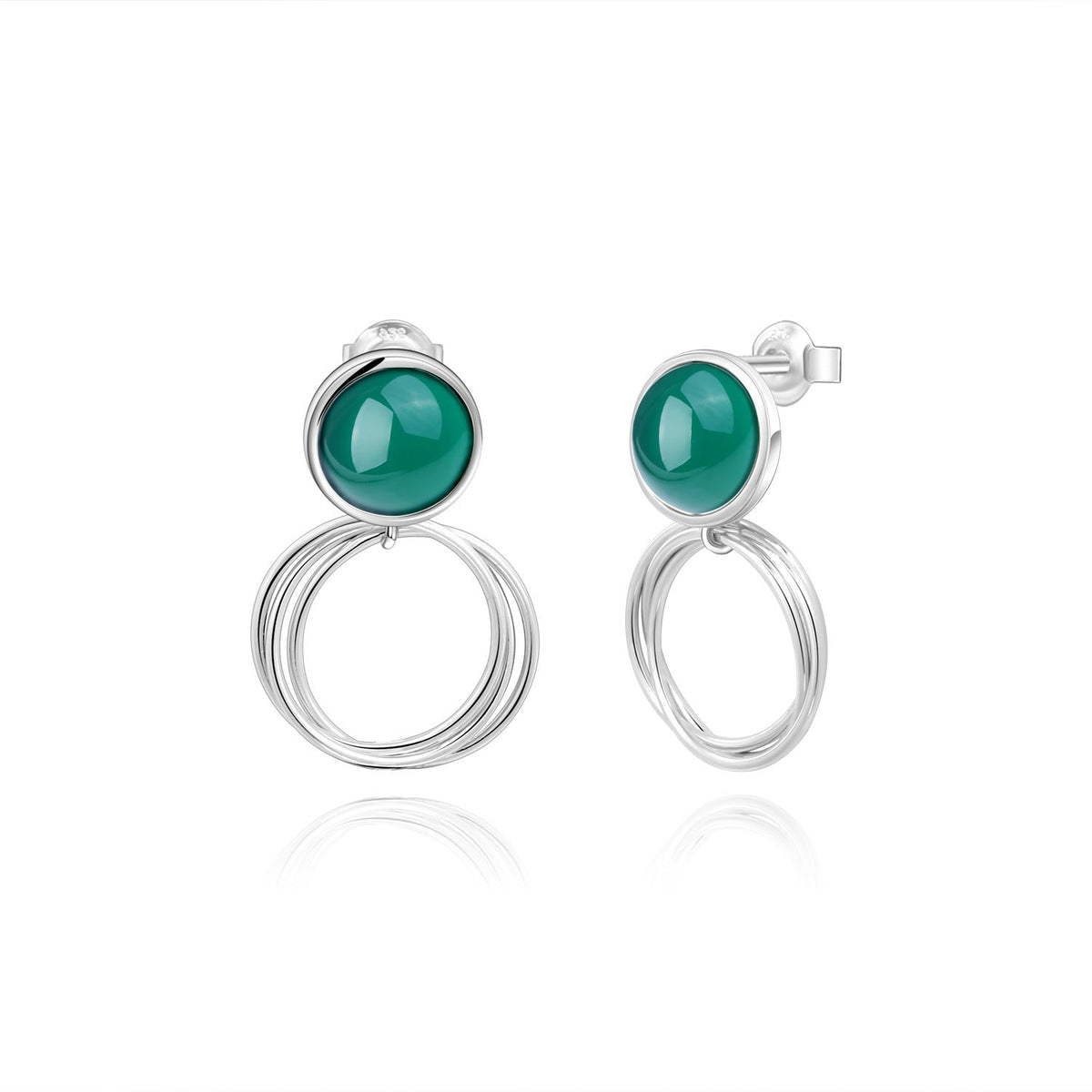 Green Agate Geometric Circle Silver Drop Earrings for Women