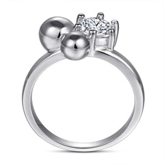 Round Zircon with Two Beads Silver Ring