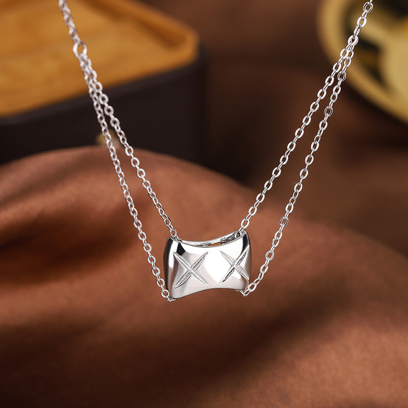 Pillow Shape Pendant Double Layer Silver Necklace for Women