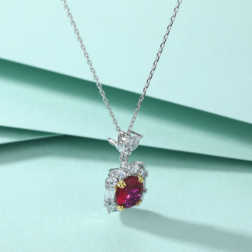 Oval Garnet with Zircon Pendant Silver Necklace for Women