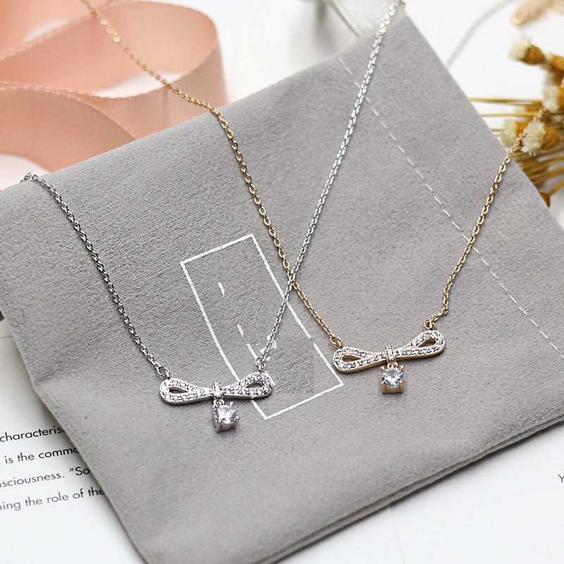 Bow with Round Zircon Silver Necklace for Women