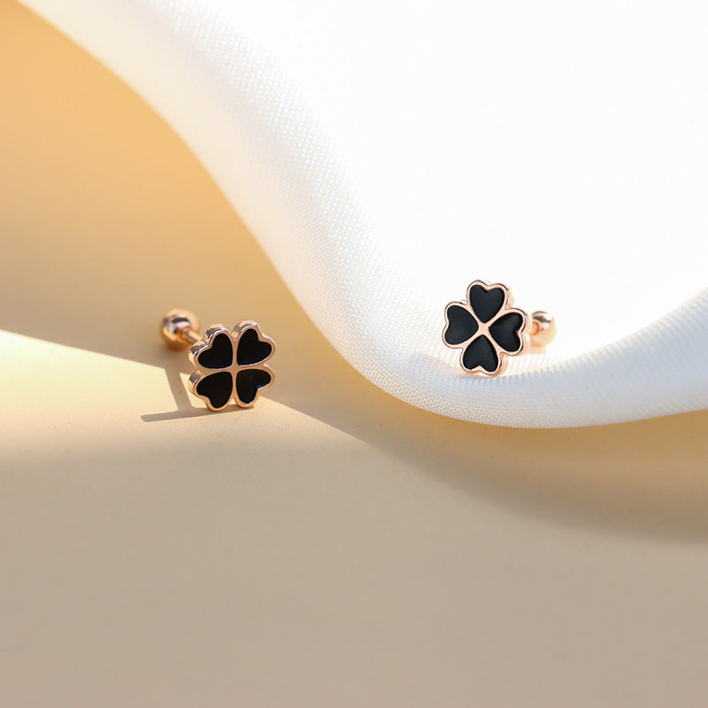 Black Lucky Clover Silver Studs Earrings for Women