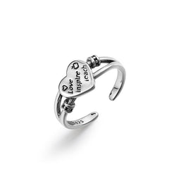 Retro Carved Letter Heart Shape Opening Sterling Silver Ring
