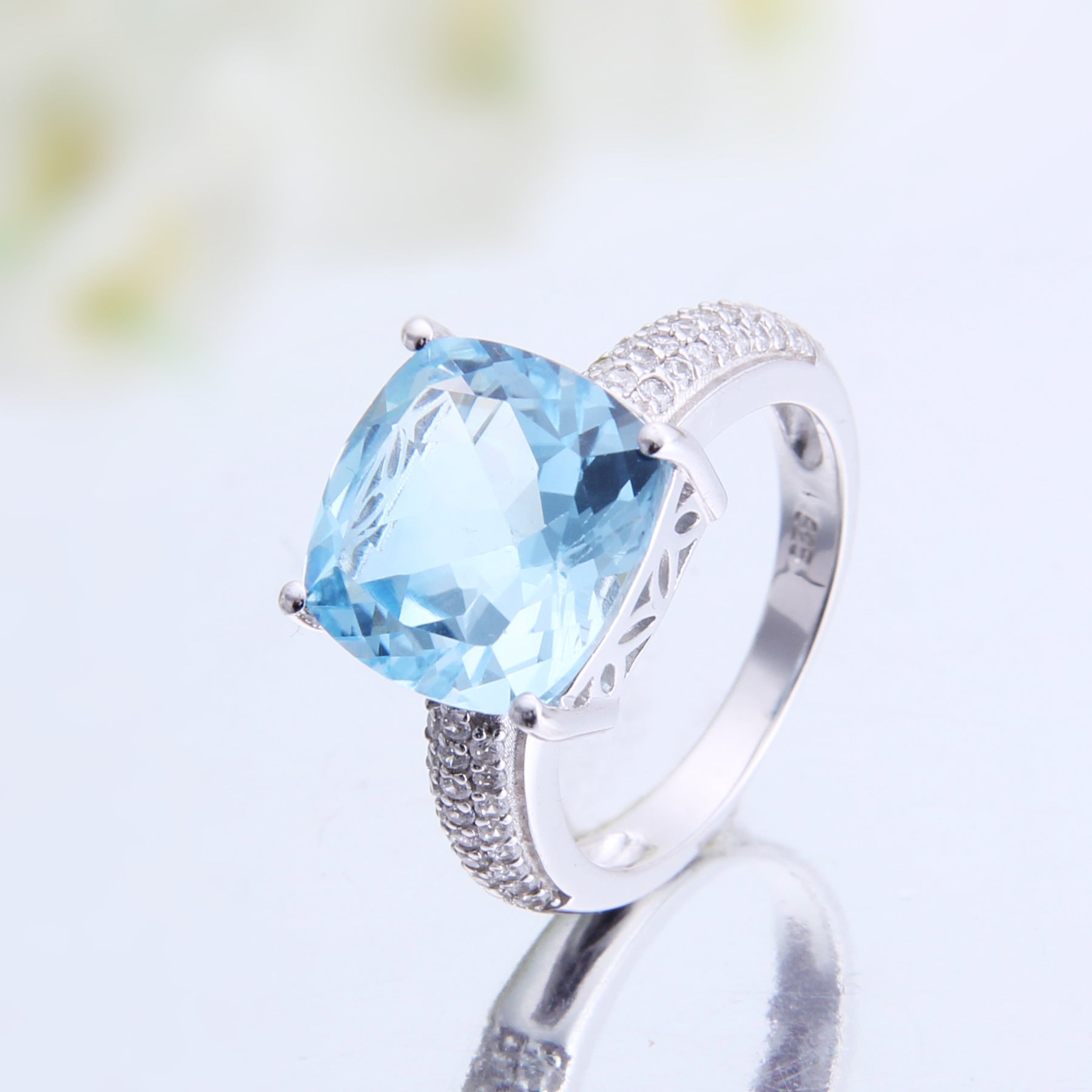 Cathedral Cushion Cut Natural Blue Topaz Silver Ring