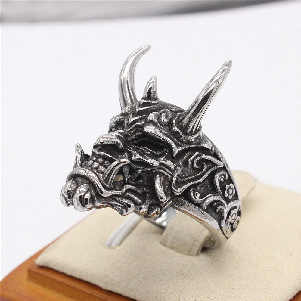 Halloween Long Horned Devil Skeleton Titanium Steel Ring for Men