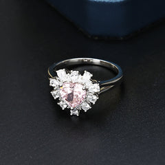 Heart-shape Pink Zircon Petal Soleste Halo Silver Ring for Women
