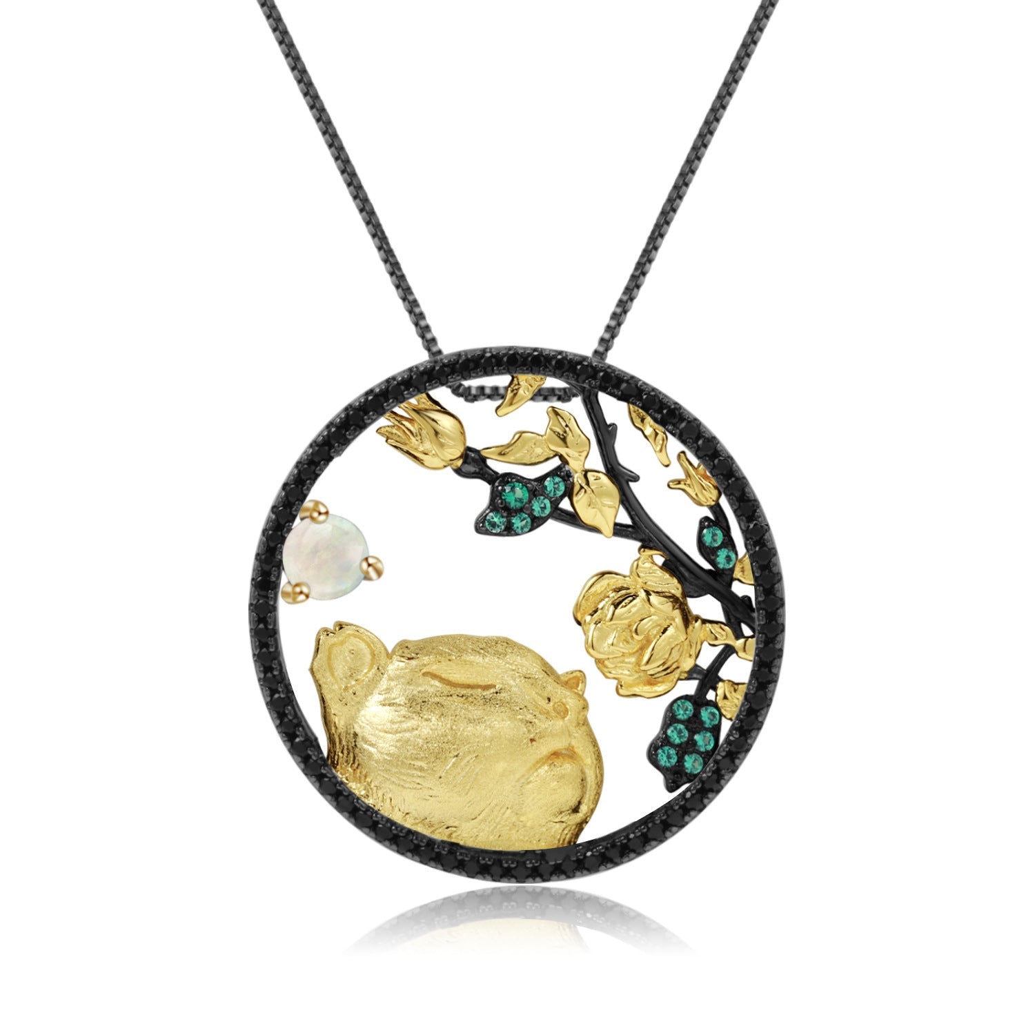 Animal Element Design Zodiac Series Inlaid Natural Colourful Gemstone Tiger Pendant Silver Necklace for Women