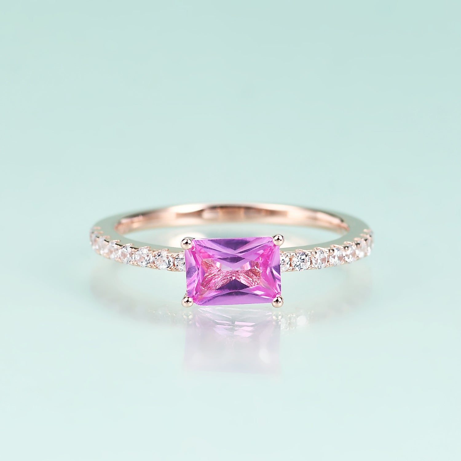 Cathedral Rectangle Barbie Pink Corundum Silver Ring