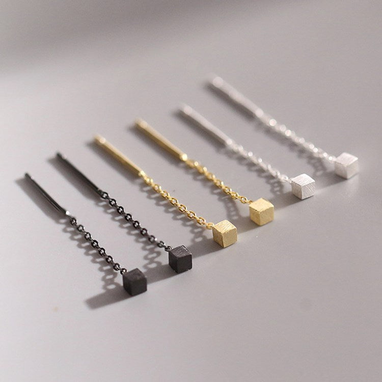 Small Square Ear Line Silver Drop Earrings for Women