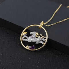 Animal Element Design Inlaid Natural Amethyst Horse Circle Pendant Silver Necklace for Women