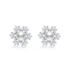 Snowfalke Pearl with Rectangle Zircon Silver Stud Earrings for Women