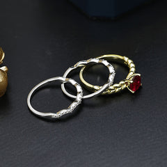Red Zircon Wheat Ear Leaf with Wave Shape Three-in-one Silver Ring Set