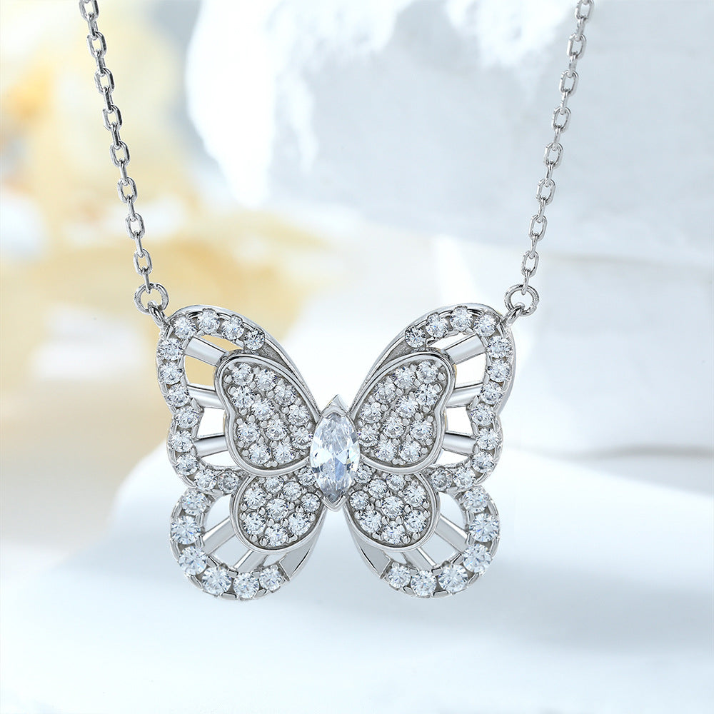 Zircon Hollow Butterfly Pendant Silver Necklace for Women