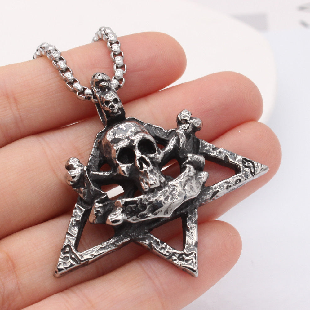 Halloween Skeleton Head Half Six Point Star Titanium Steel Pendant for Men