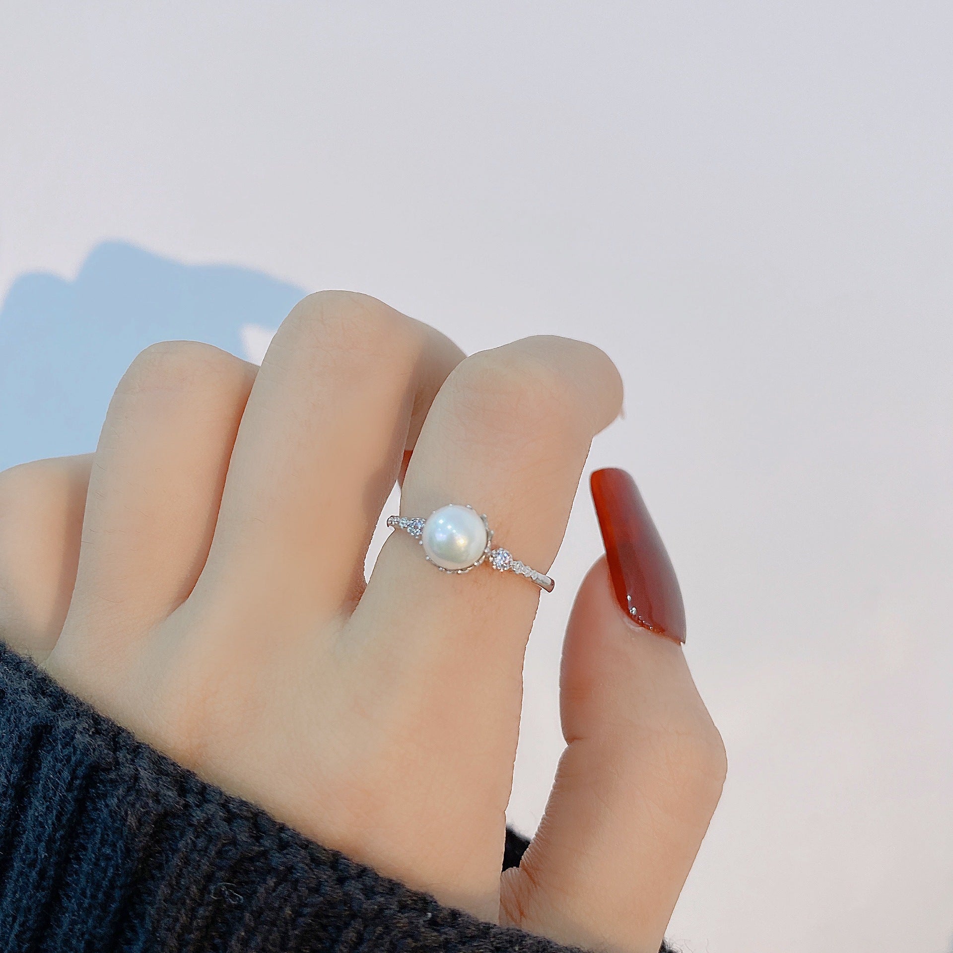 Round Pearl with Zircon Silver Ring