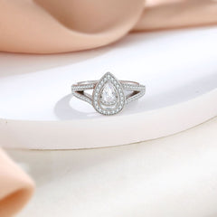 Water Drop Halo Pear Shape Zircon Modern Split Shank Sterling Silver Ring