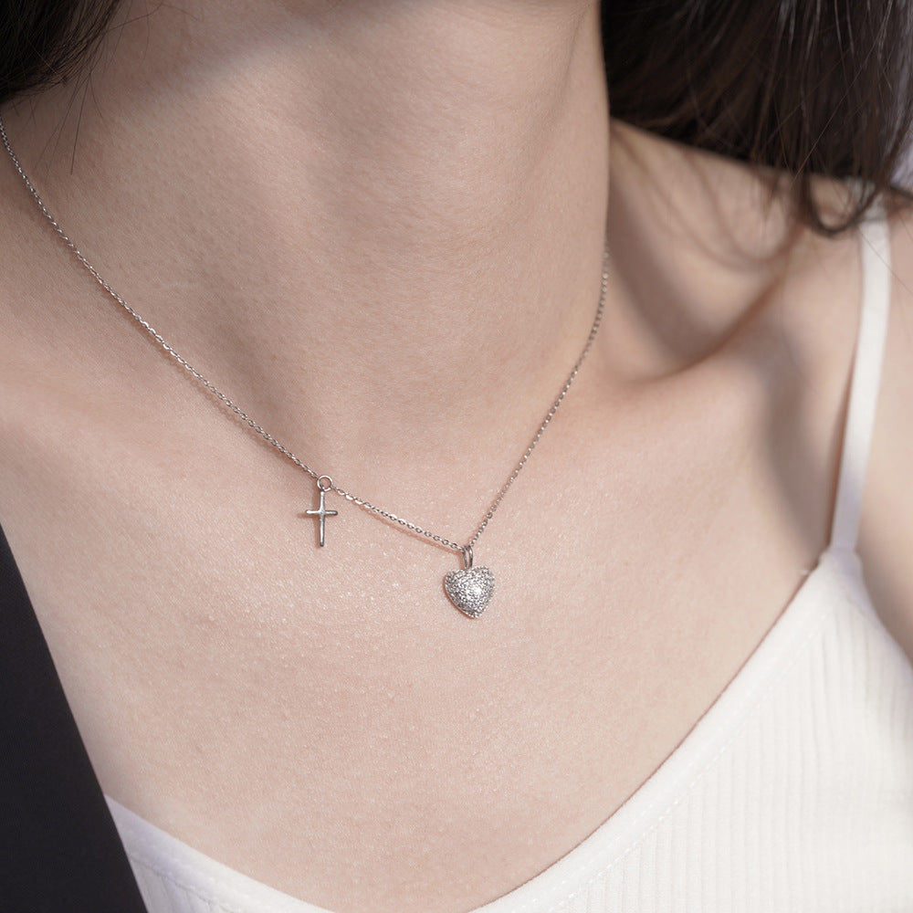 (Two Colours) White Zircon Heart with Crucifix Pendants Two-ply Collarbone Necklace for Women