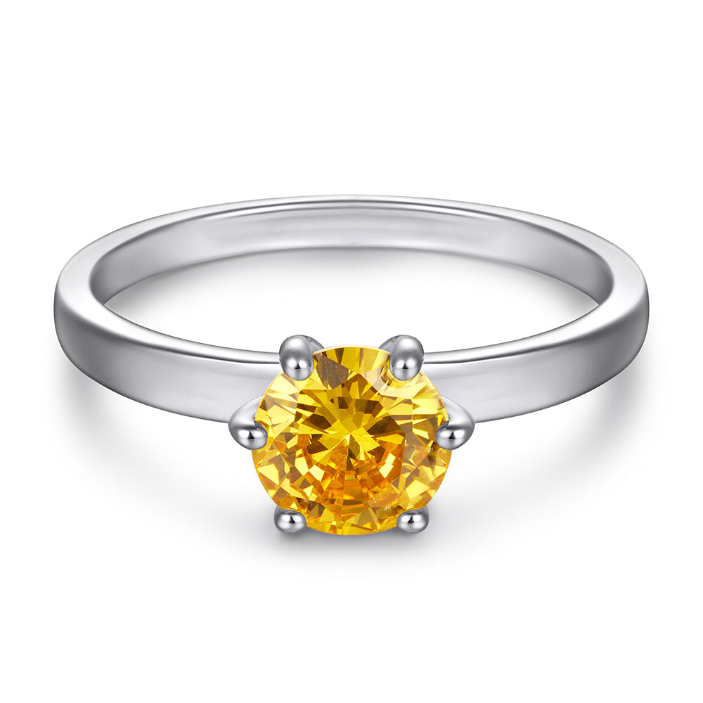 Yellow Zircon Six Prongs Solitaire Silver Ring