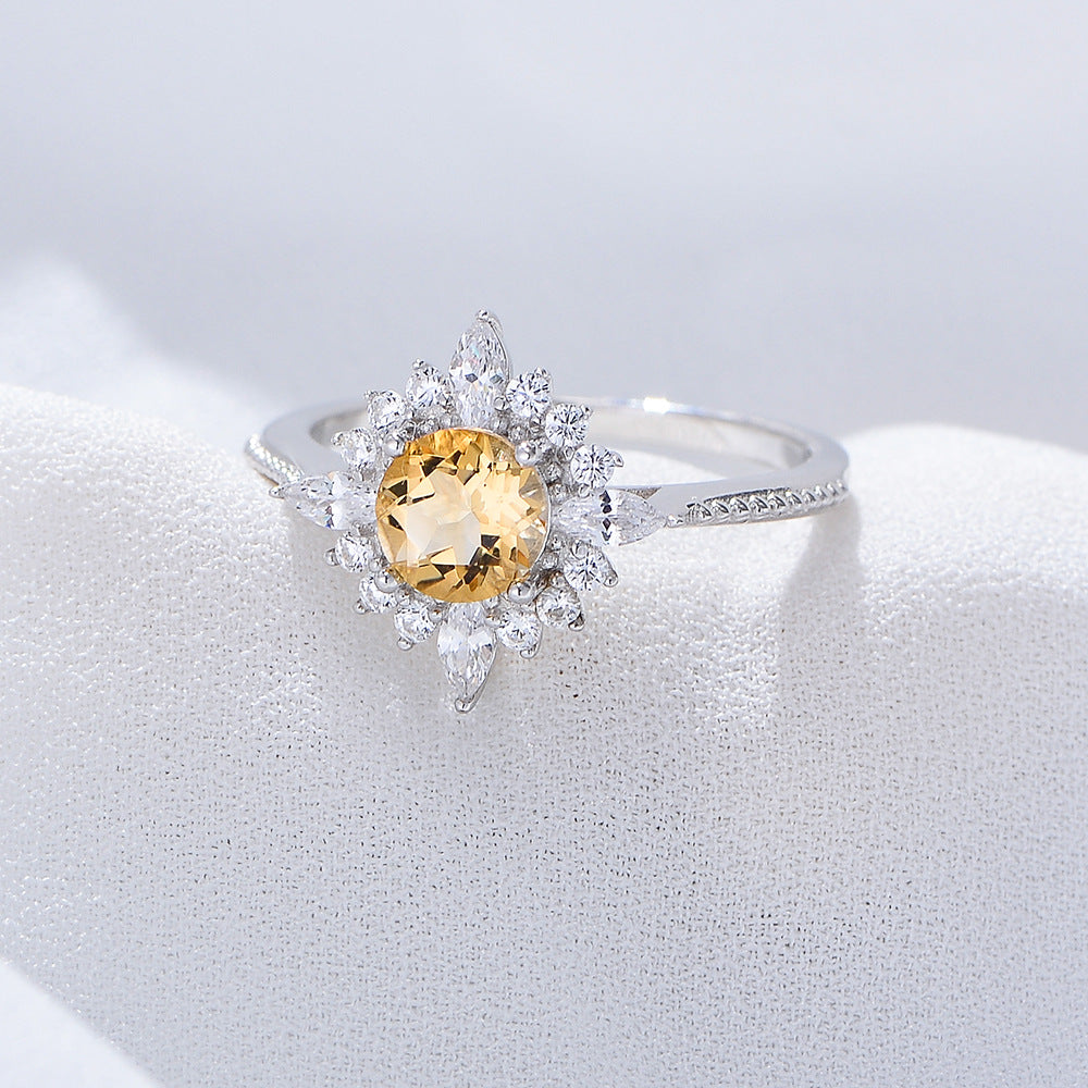 Yellow Crystal Sun Shape Halo Sterling Silver Ring