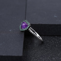 Natural Amethyst Love Shape Soleste Halo Sterling Silver Ring for Women