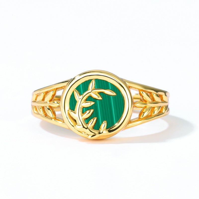 Round Shape Malachite Willow Leaf Opening Sterling Silver Ring
