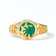 Round Shape Malachite Willow Leaf Opening Sterling Silver Ring