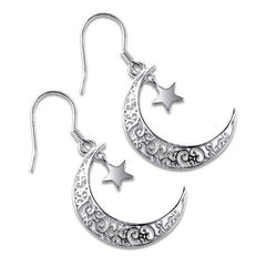 Totem Pattern Moon with Star Pendant Silver Hook Earrings for Women