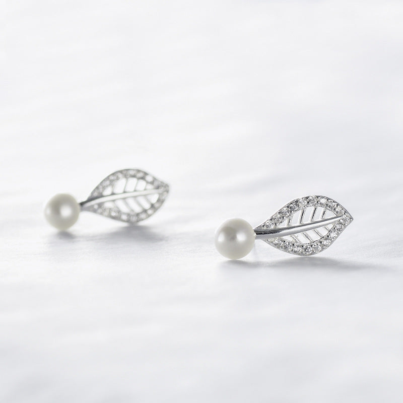 Hollow Zircon Leaf with Freshwater Pearl Silver Stud Earrings for Women