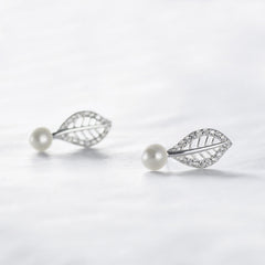 Hollow Zircon Leaf with Freshwater Pearl Silver Stud Earrings for Women