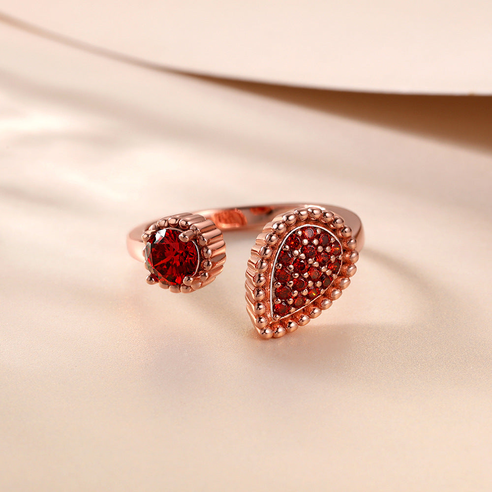 Water Droplet Design Round Red Garnet Opening Sterling Silver Ring