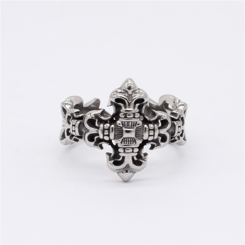 Gothic Cross Flower Open Titanium Steel Ring for Men