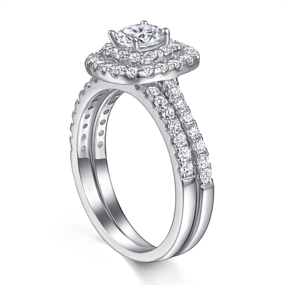 Round Zircon Double Square Soleste Halo with Half Eternity Silver Ring Set